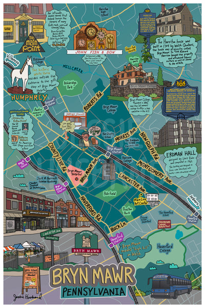 Map of Bryn Mawr, Map Art, Main Line, Pennsylvania (customization and framing options)