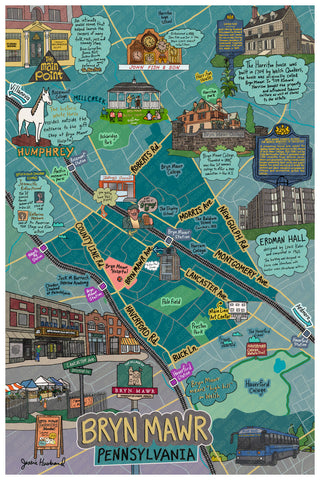 Map of Bryn Mawr, Map Art, Main Line, Pennsylvania (customization and framing options)