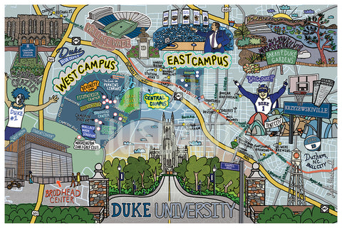 Map of Duke University, Durham, North Carolina (customization and framing options available)