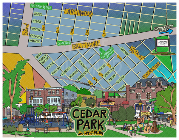 Map of Cedar Park, West Philly, Philly Map Art, Pennsylvania (customization and framing options)