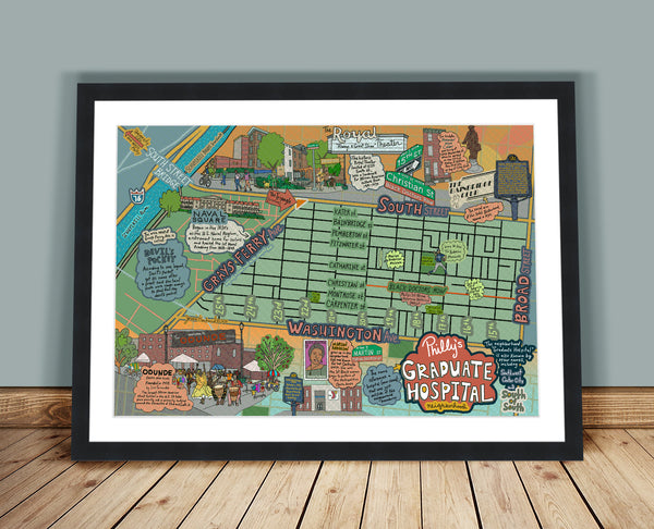 Map of Graduate Hospital, South of South, Philly neighborhood, Philly Map Art, Pennsylvania (customization and framing options) (Copy)