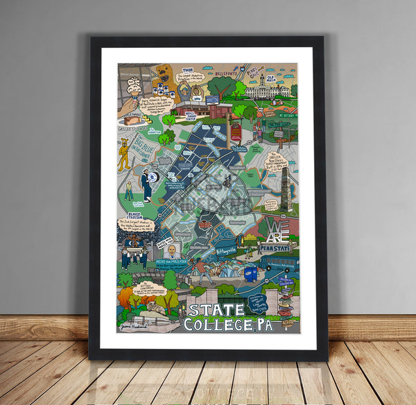 Map of State College, PA, Penn State, Happy Valley (customization and framing options)