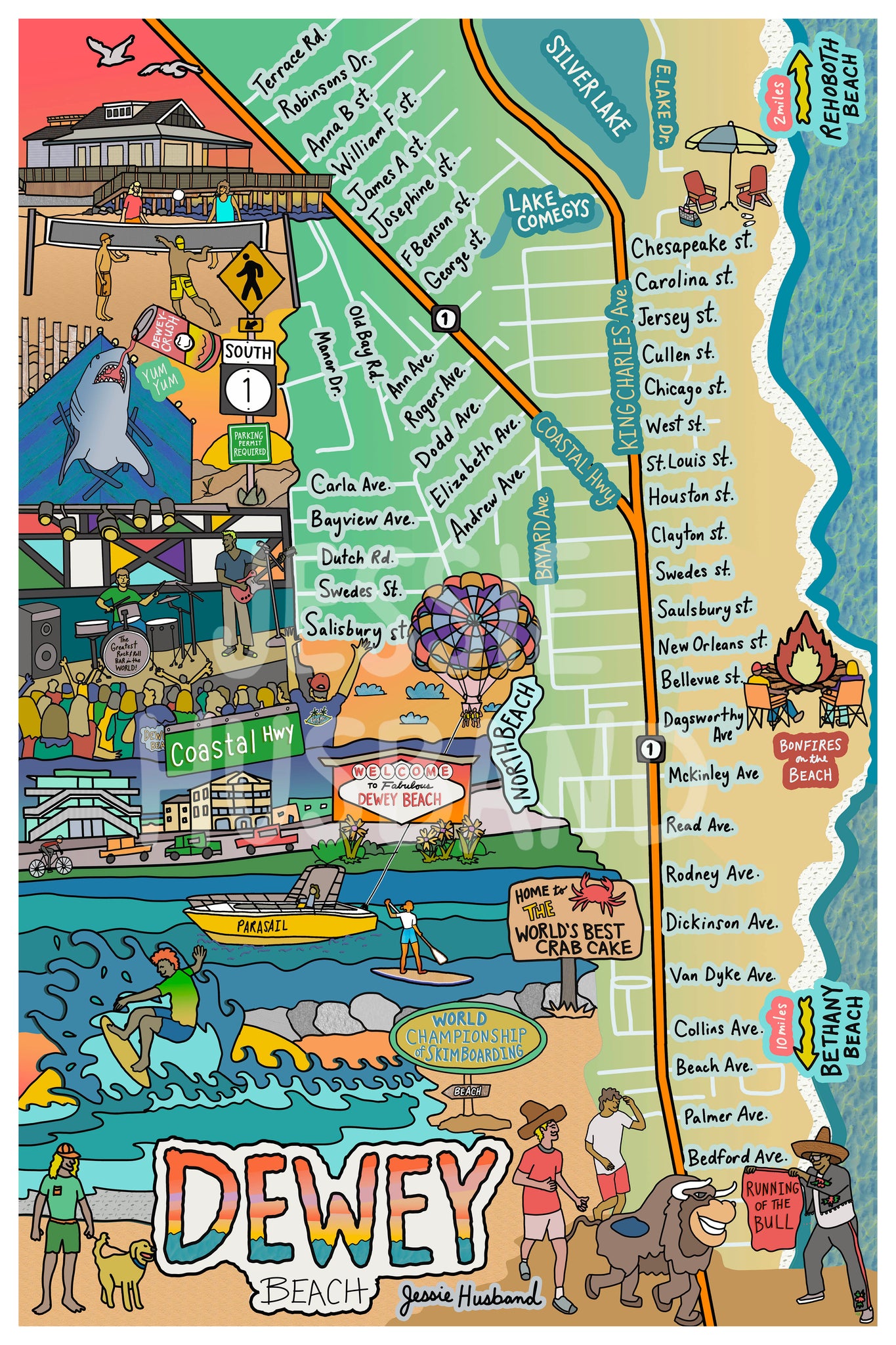 Map of Dewey Beach, Delaware (customization and framing options available)