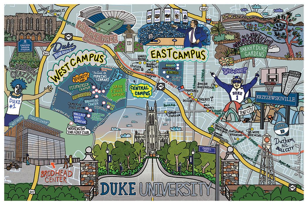 Map of Duke University, Durham, North Carolina (customization and framing options available) - Jessie husband
